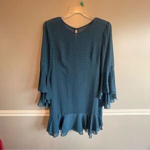 Vince Camuto Teal Blue green women’s dress size 12 bell sleeves polka dots